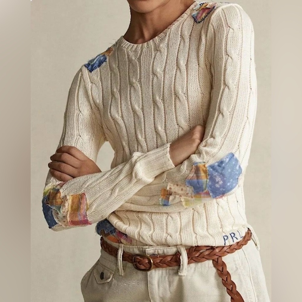 Polo Ralph Lauren Cableknit Sweater with Patchwork Details.